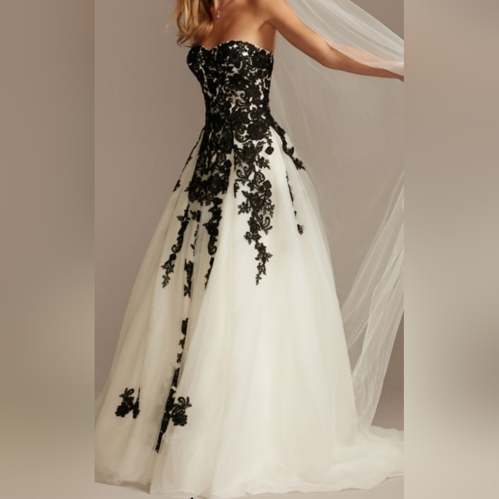 Wedding Dress -Black lace-appliqued, semi-sheer bodice, tulle ball gown